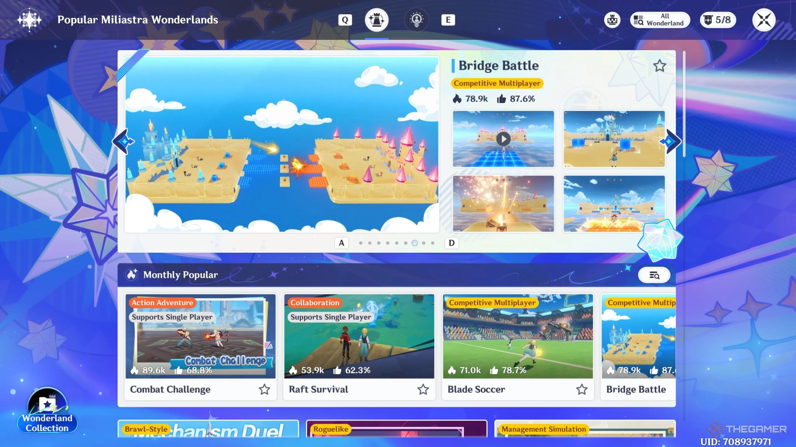 Giao diện chơi Miliastra Wonderland hiển thị danh sách game và chế độ multiplayer.