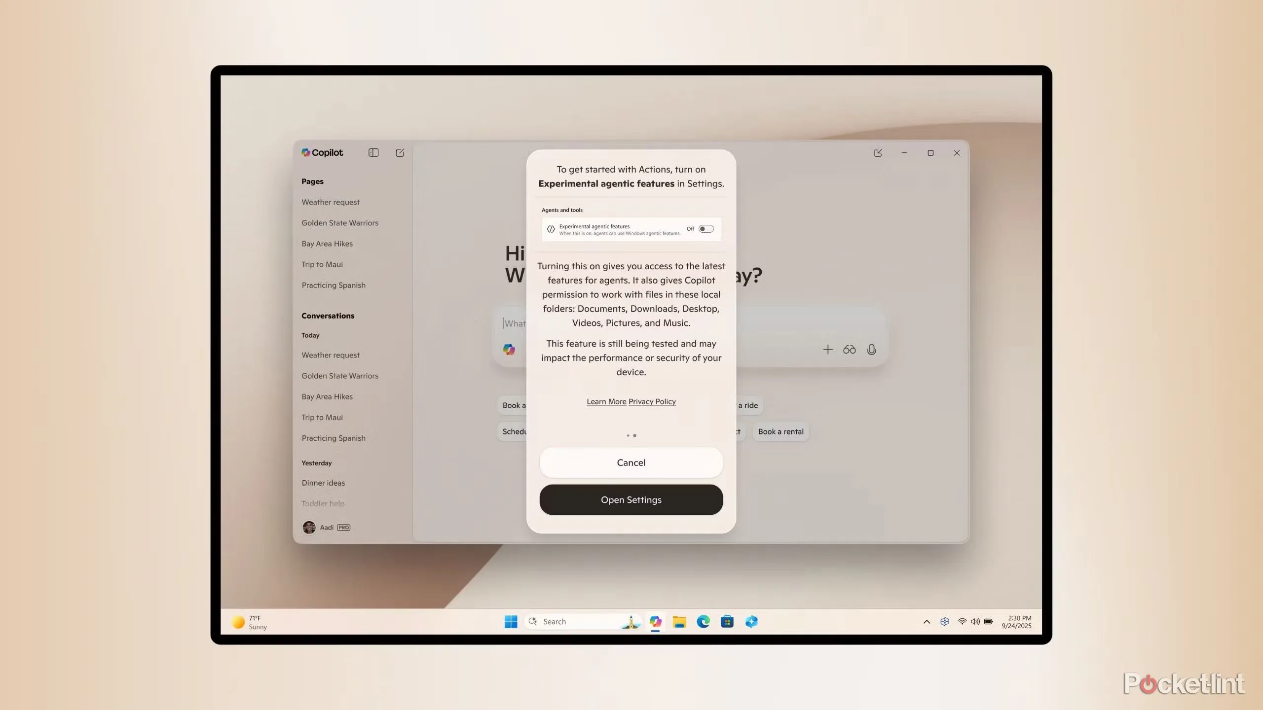 Giao diện Copilot trên Windows 11 hiển thị tùy chọn hành động tự động hóa và tóm tắt nội dung