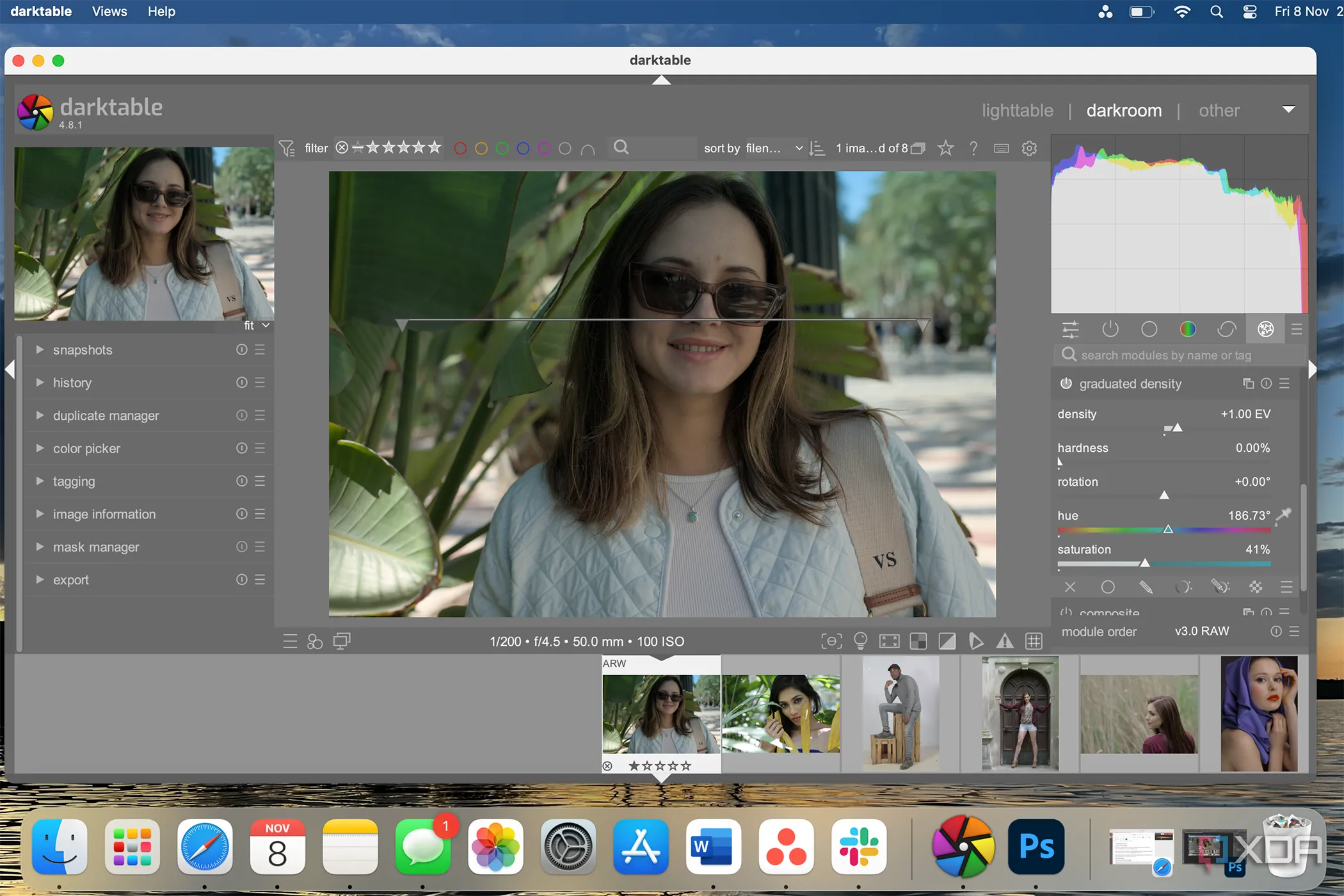 Giao diện Darktable với công cụ lọc chuyển độ và bảng công cụ chỉnh sửa ảnh RAW đang hoạt động