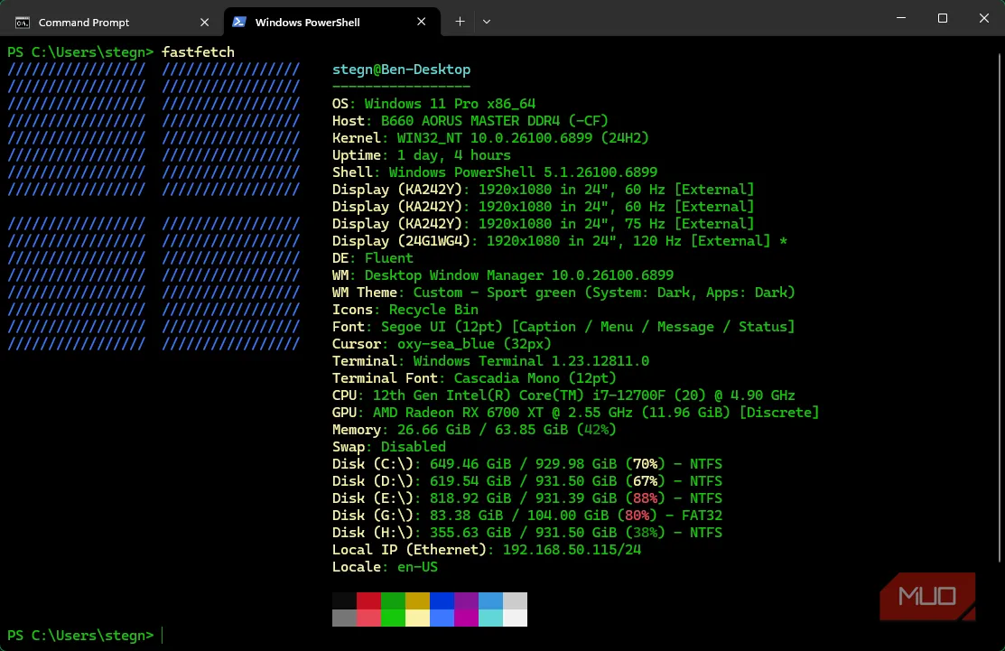Giao diện fastfetch trên Windows, hiển thị thông tin hệ thống có nghệ thuật ASCII và là lựa chọn cho người thích khoe cấu hình