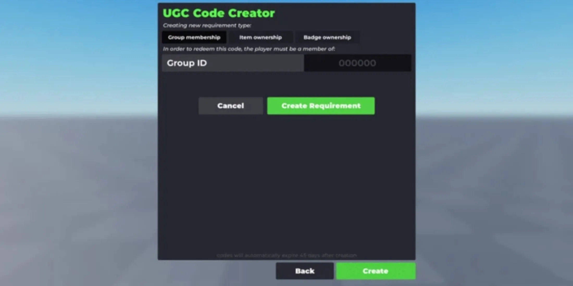 Giao diện Flex UGC với danh sách mã và phụ kiện avatar trên Roblox