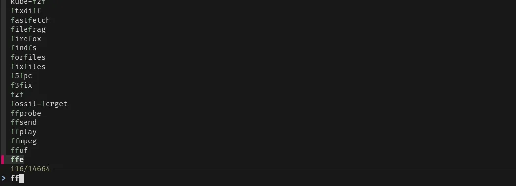 Giao diện FZF hiển thị danh sách các lệnh được lấy từ cheat.sh, lọc nhanh bằng chữ FF — minh họa tích hợp fzf để chọn cheat sheet tương tác