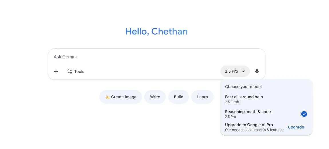 Giao diện model switcher của Google Gemini trên web, hiển thị vị trí mới cạnh thanh gợi ý