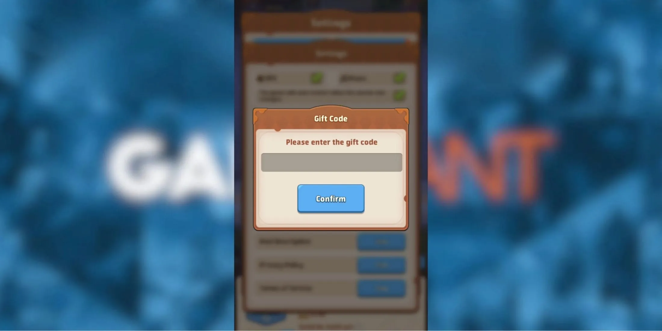 Giao diện nhập mã trong Top Heroes: mục Redeem Gift Code hiển thị trong phần cài đặt tài khoản