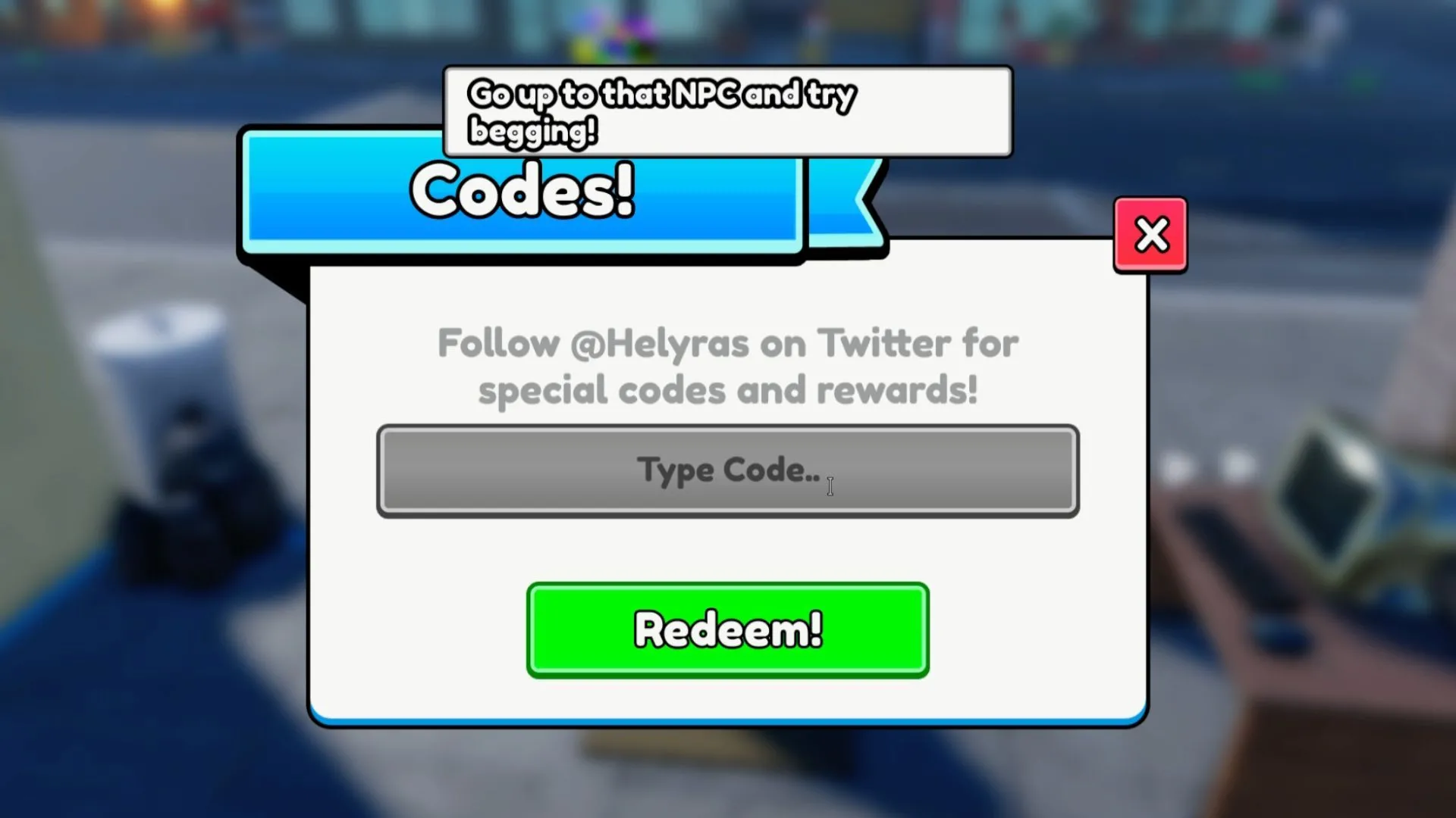 Giao diện nút Codes trong Be a Beggar trên Roblox – hướng dẫn nhập mã