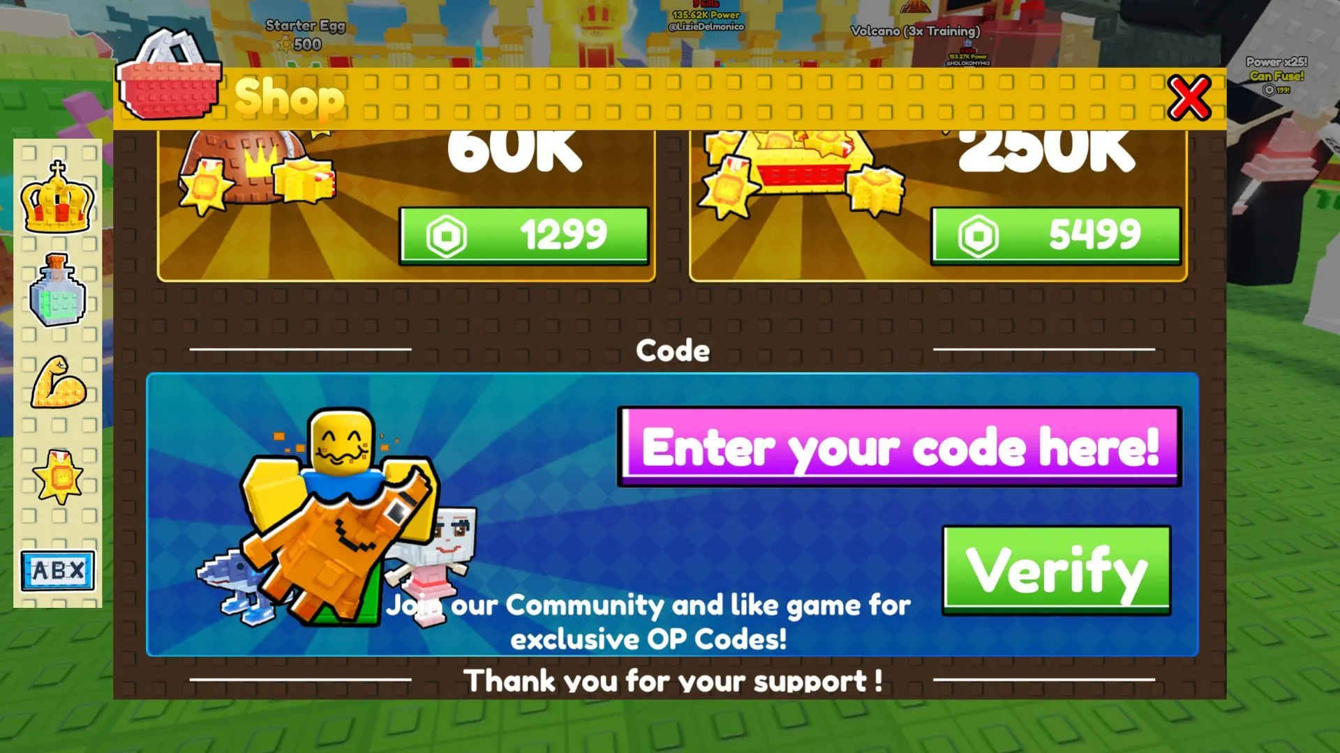 Giao diện tab Codes trong Eat Brainrot for Fight, nơi dán mã và xác nhận nhận thưởng