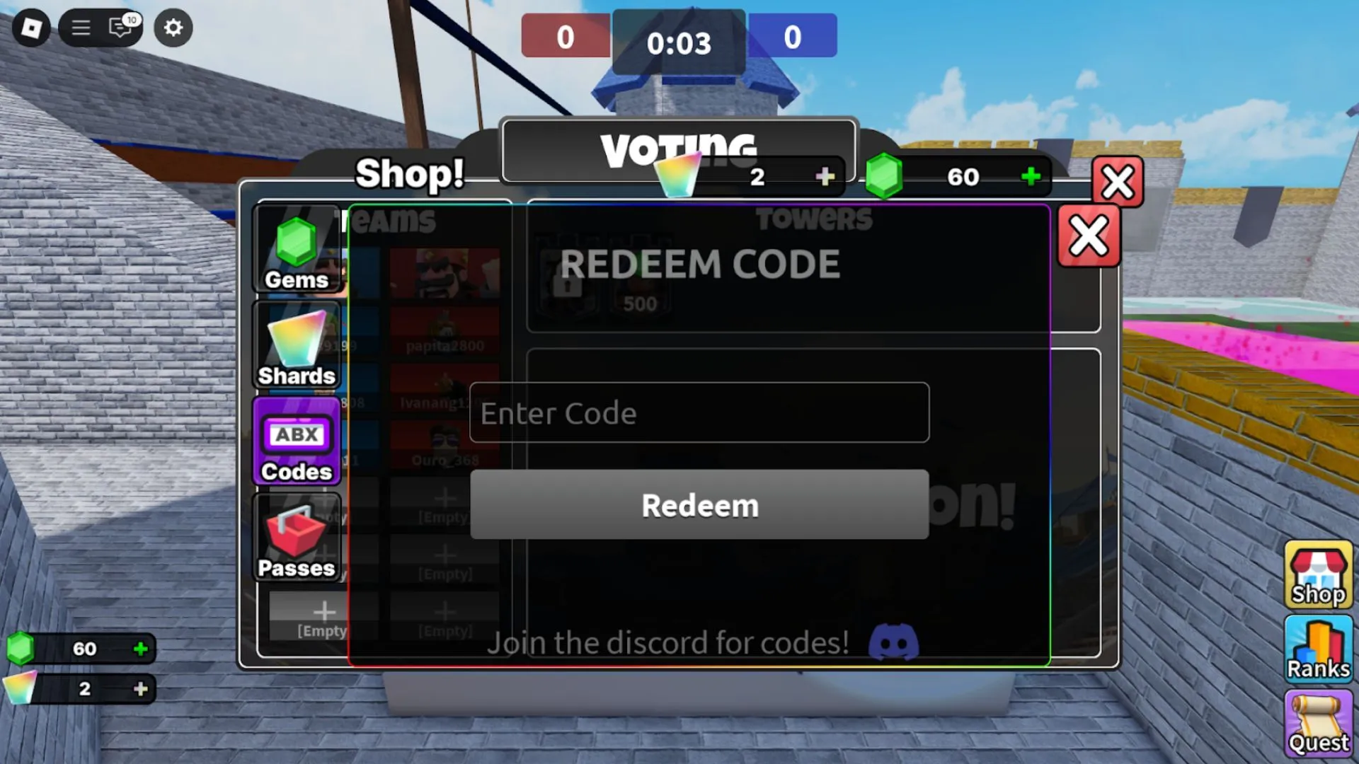 Giao diện tab mã trong Clashers Royale, nơi nhập code nhanh chóng