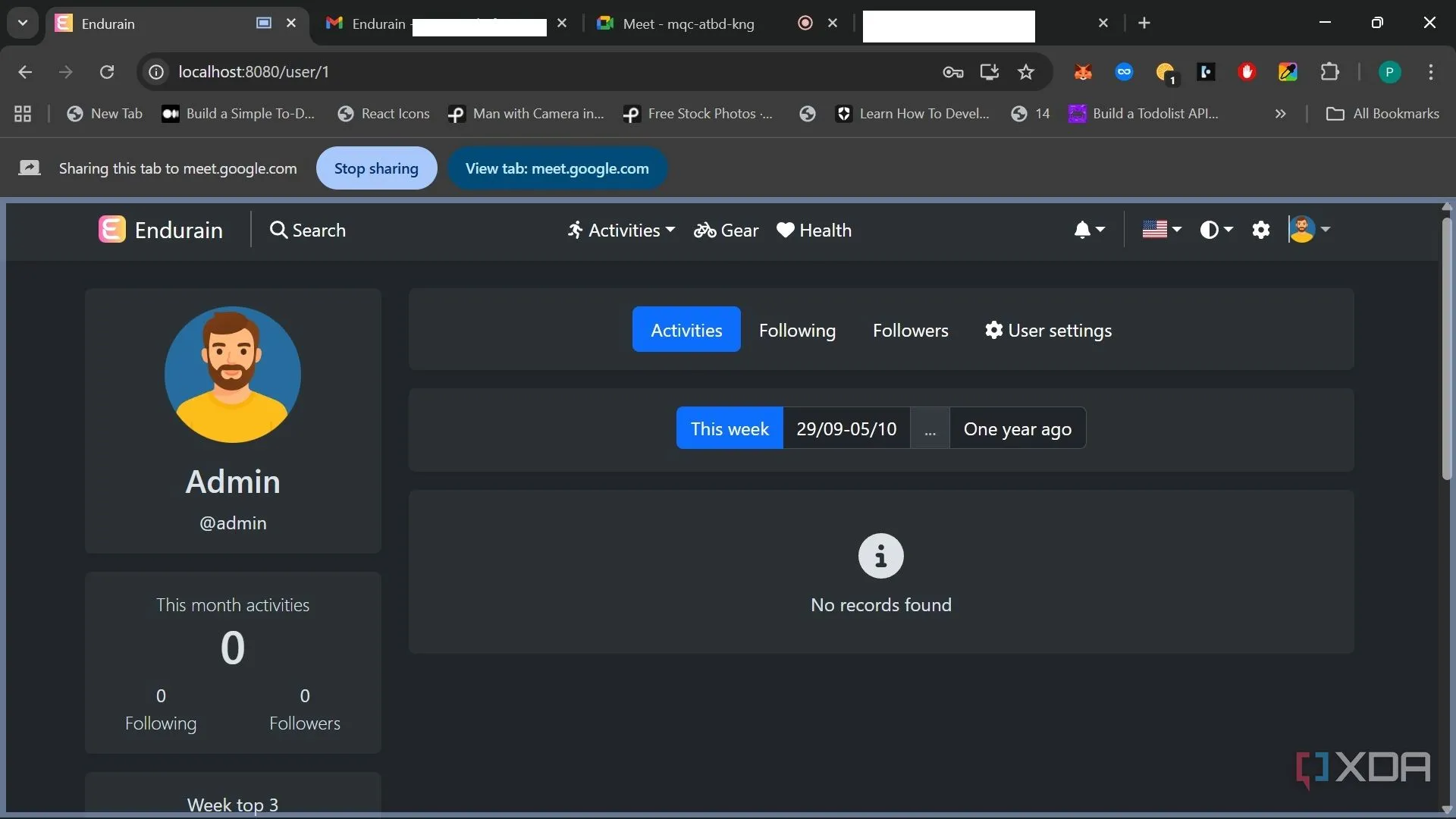Giao diện trang hồ sơ Endurain hiển thị biểu đồ tiến độ tập luyện