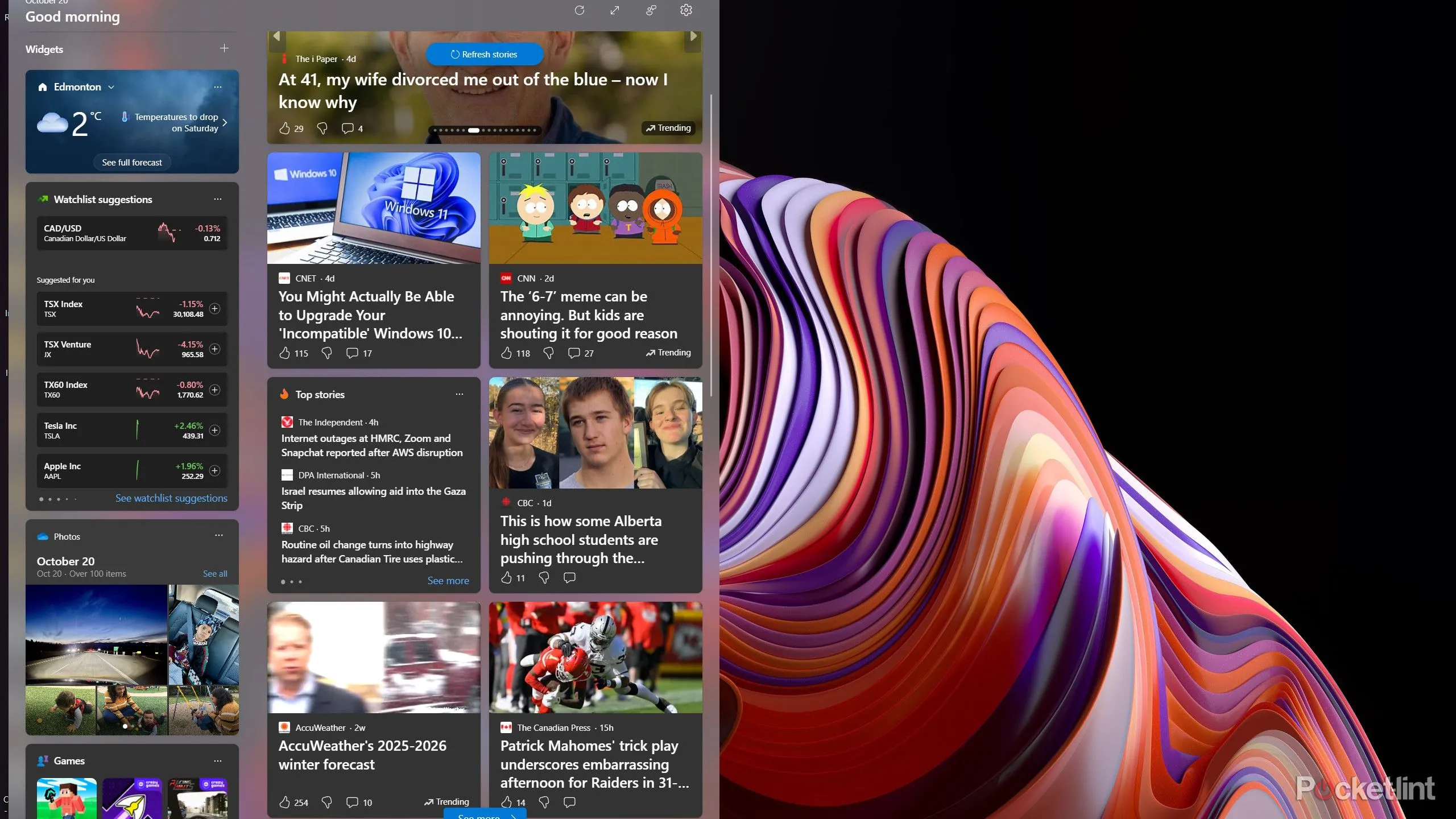 Giao diện Widgets trên Windows 11 hiển thị tin tức và nội dung gợi ý từ Microsoft Store