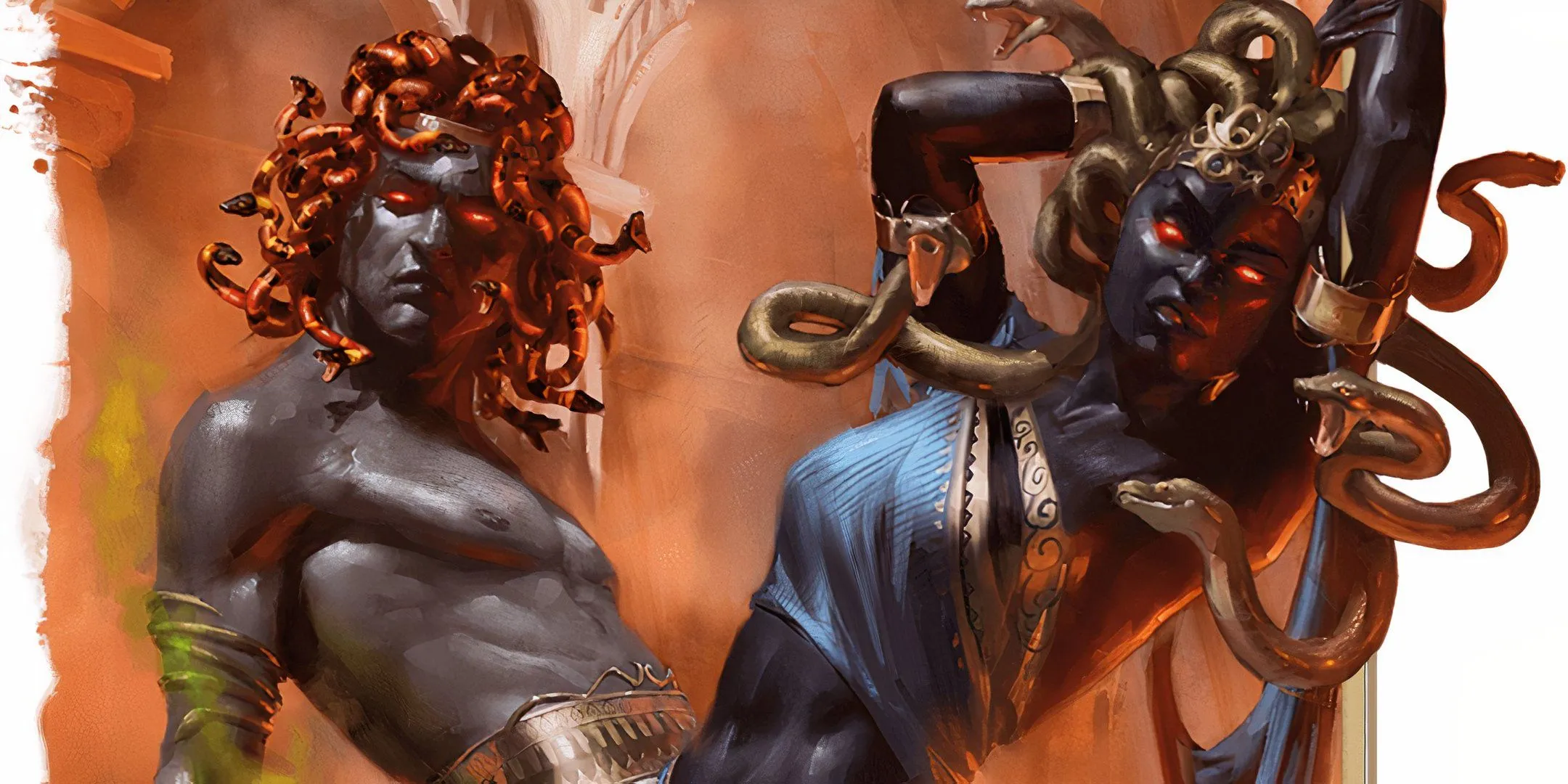 Hai Medusa với tóc rắn dùng Petrifying Gaze có thể hóa đá kẻ địch trong D&amp;D