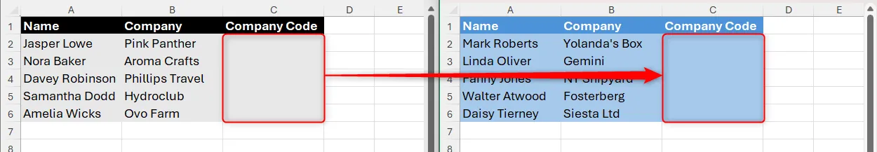 Hai worksheet khác nhau, mỗi sheet có vùng nhập mã công ty để áp dụng data validation