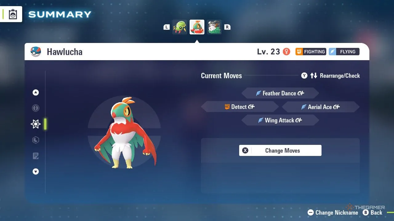 Hawlucha trong menu Pokémon Legends: Z-A, phong cách đô vật kết hợp tốc độ và sức mạnh vật lý
