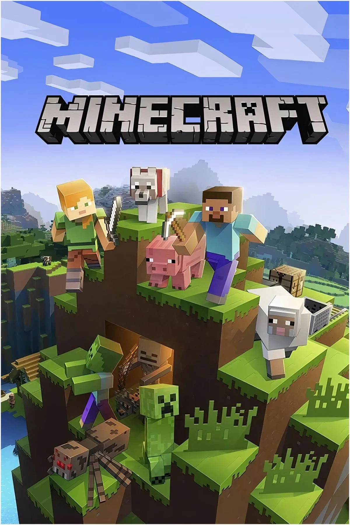 Hình ảnh bìa Minecraft, thế giới sandbox khối vuông và sáng tạo mở