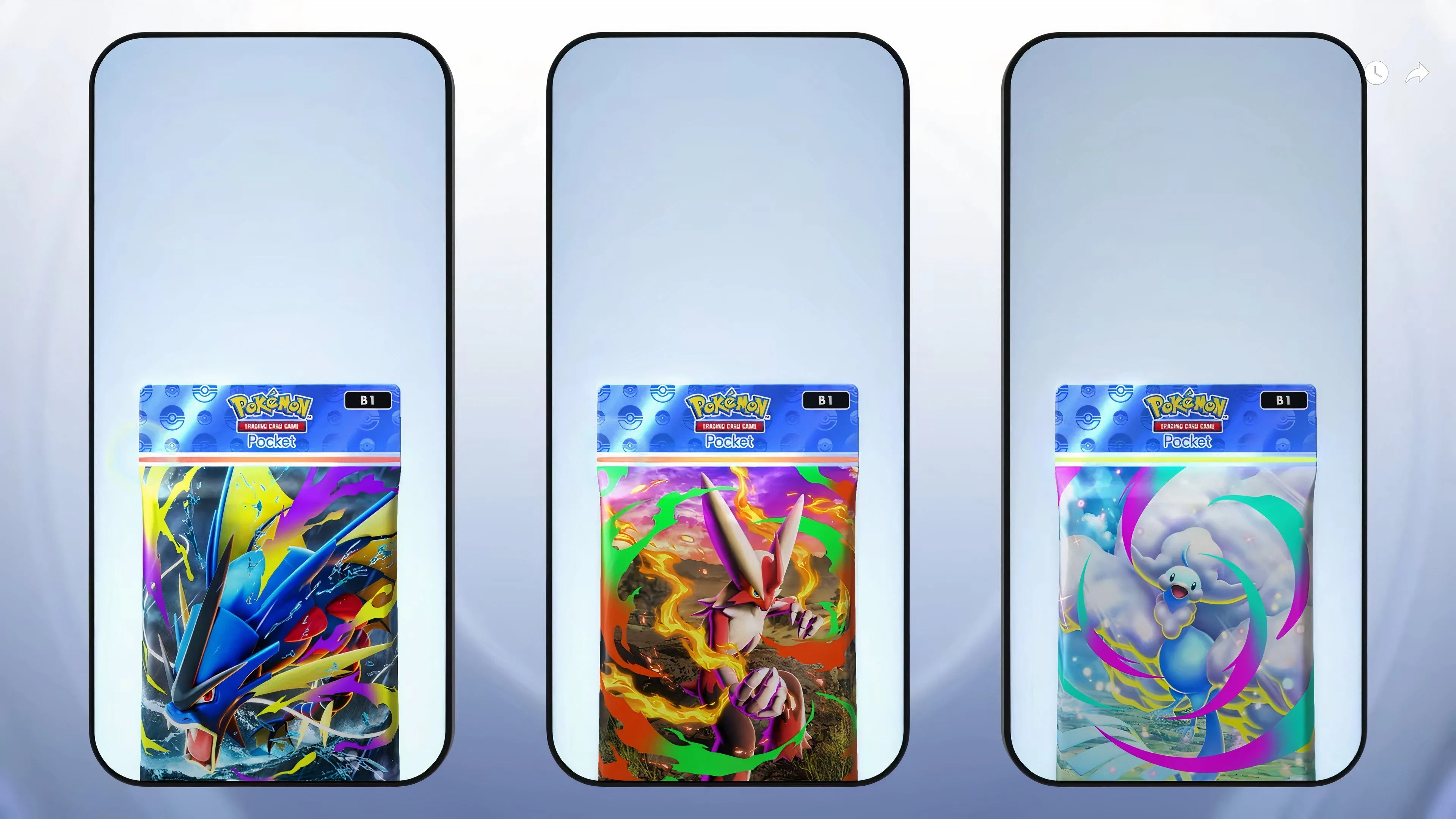 Hình ảnh gói booster tiêu chuẩn và chi tiết minh họa bộ bài Mega Rising trong Pokemon TCG Pocket