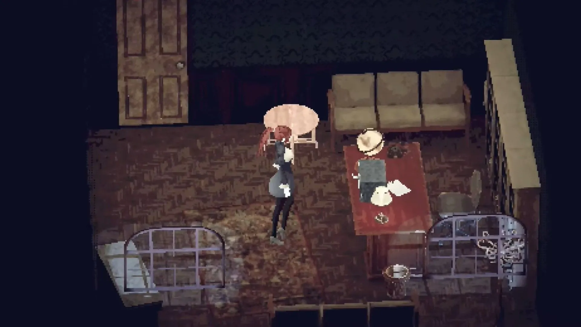 Hình gameplay Echograph: phòng an toàn, góc nhìn isometric và cảnh máy ảnh chống ma