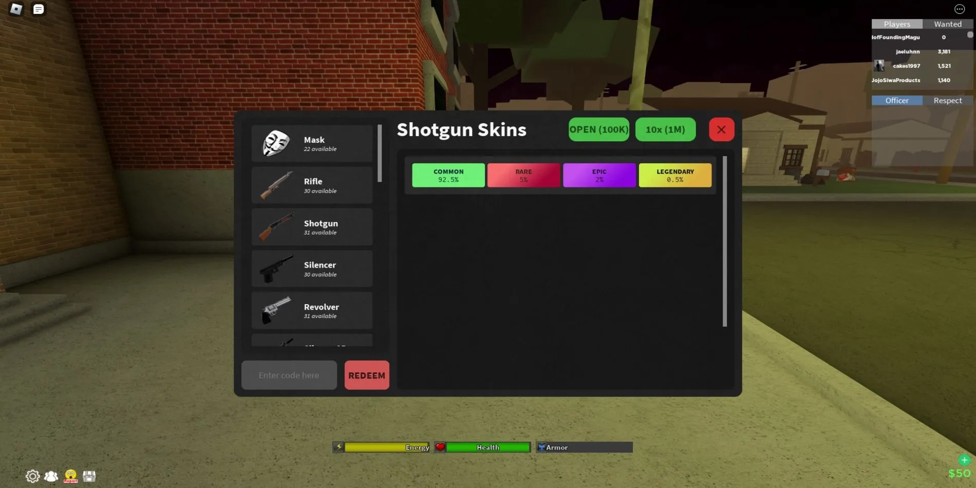 Hình minh họa bước nhập mã trong Da Hood trên Roblox