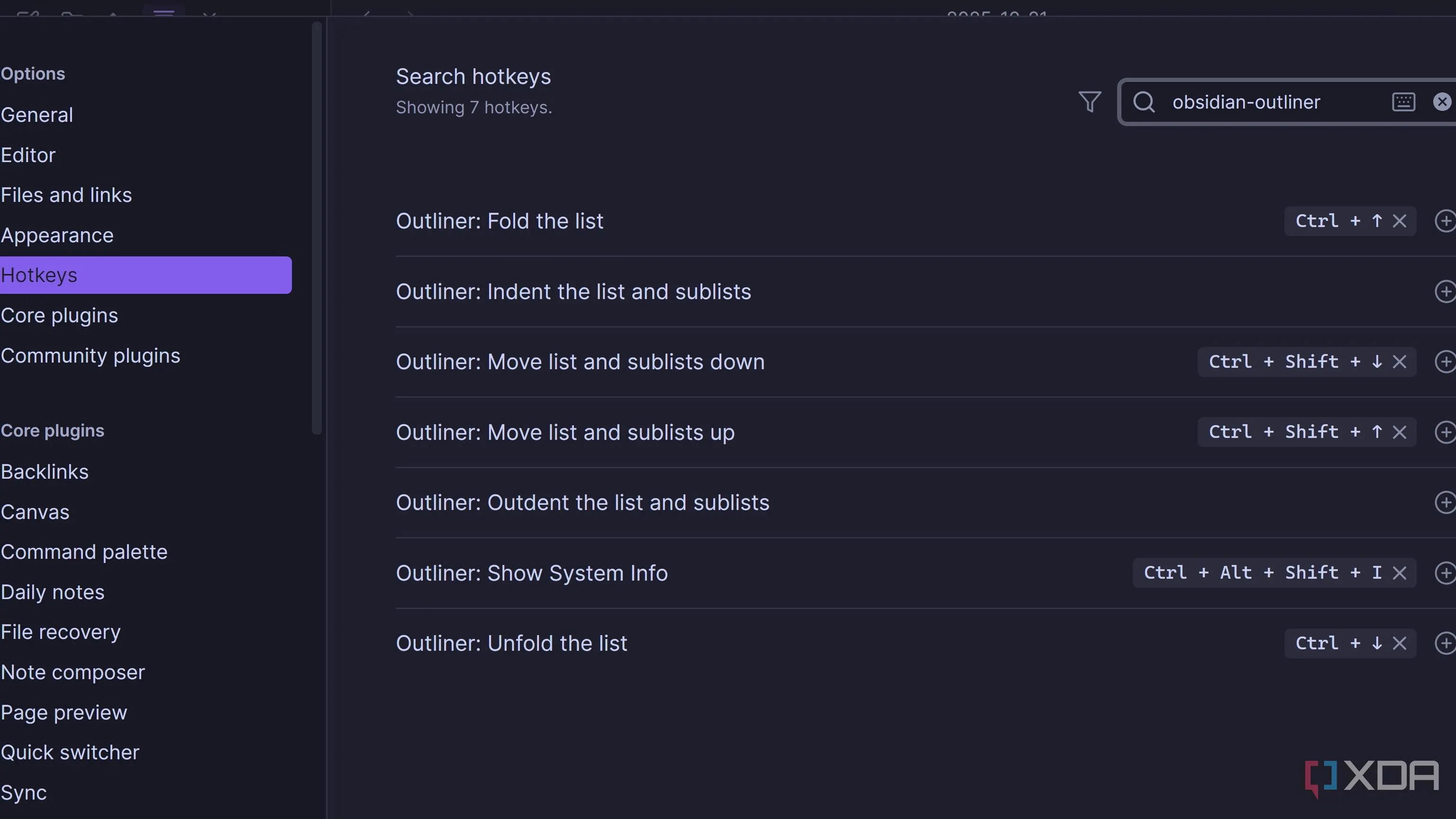 Hình minh họa danh sách phím tắt của Outliner trong Obsidian