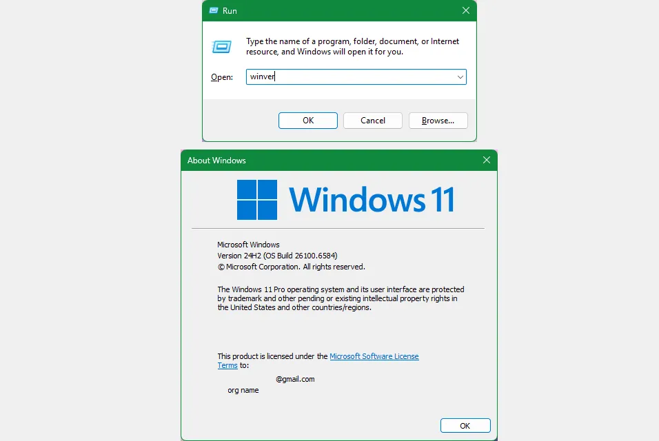 Hộp thoại winver và lệnh Run minh họa cách kiểm tra phiên bản Windows nhanh chóng
