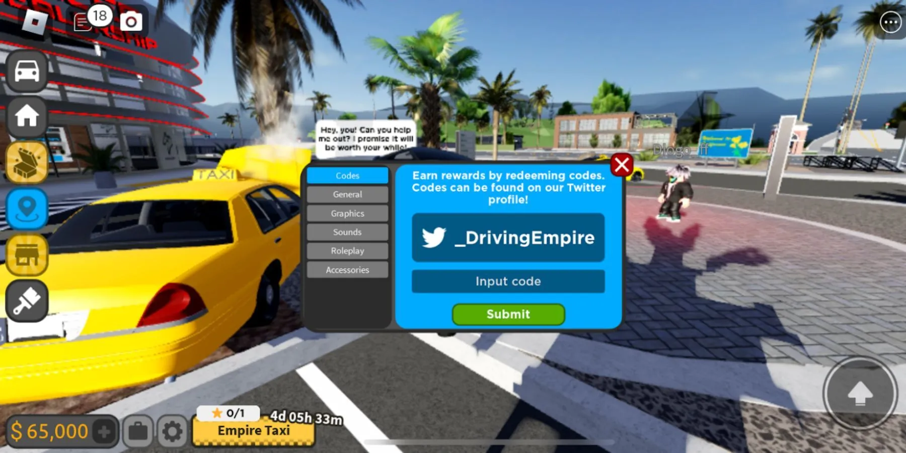 Hướng dẫn nhập mã Driving Empire trong giao diện cài đặt của Roblox, hình minh họa ô nhập code