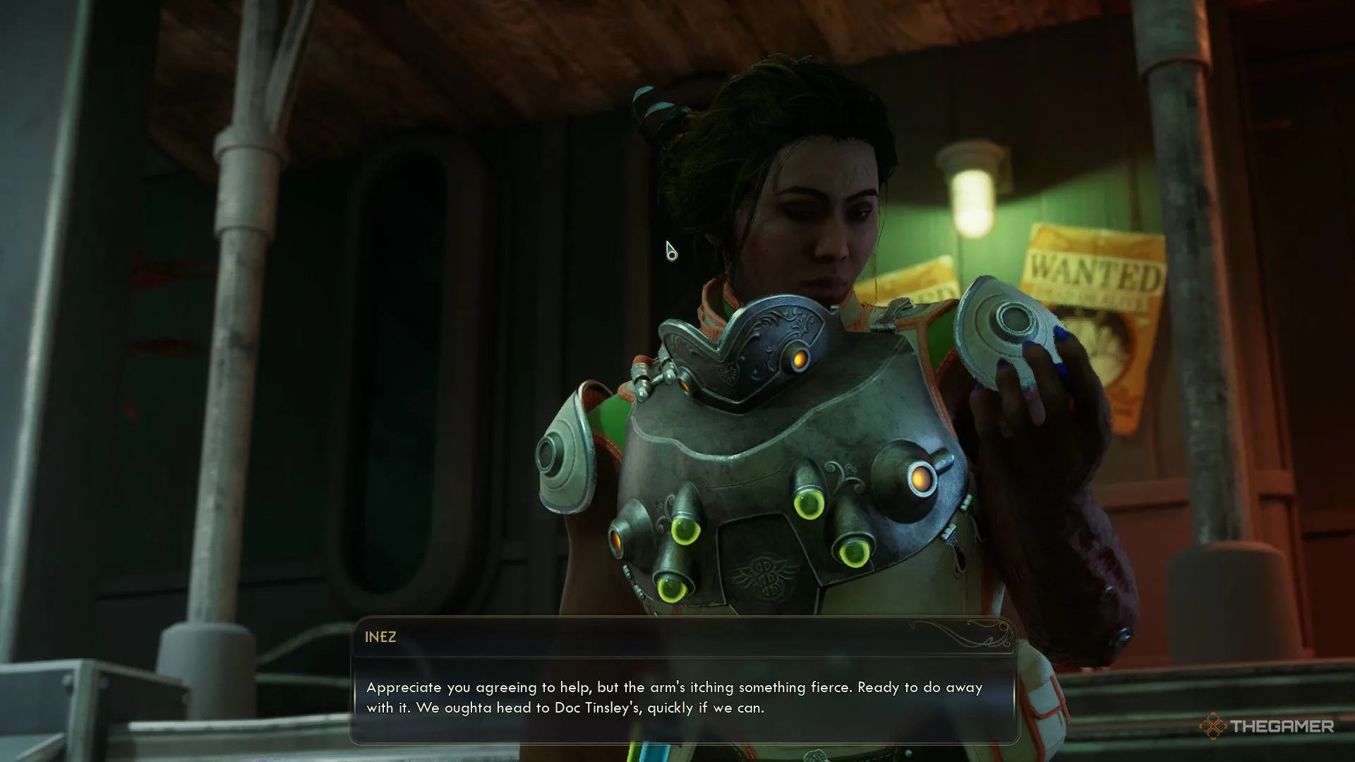 Inez trò chuyện với người chơi về vấn đề tay cấy ghép trong The Outer Worlds 2, cảnh gợi mở quest cá nhân của cô