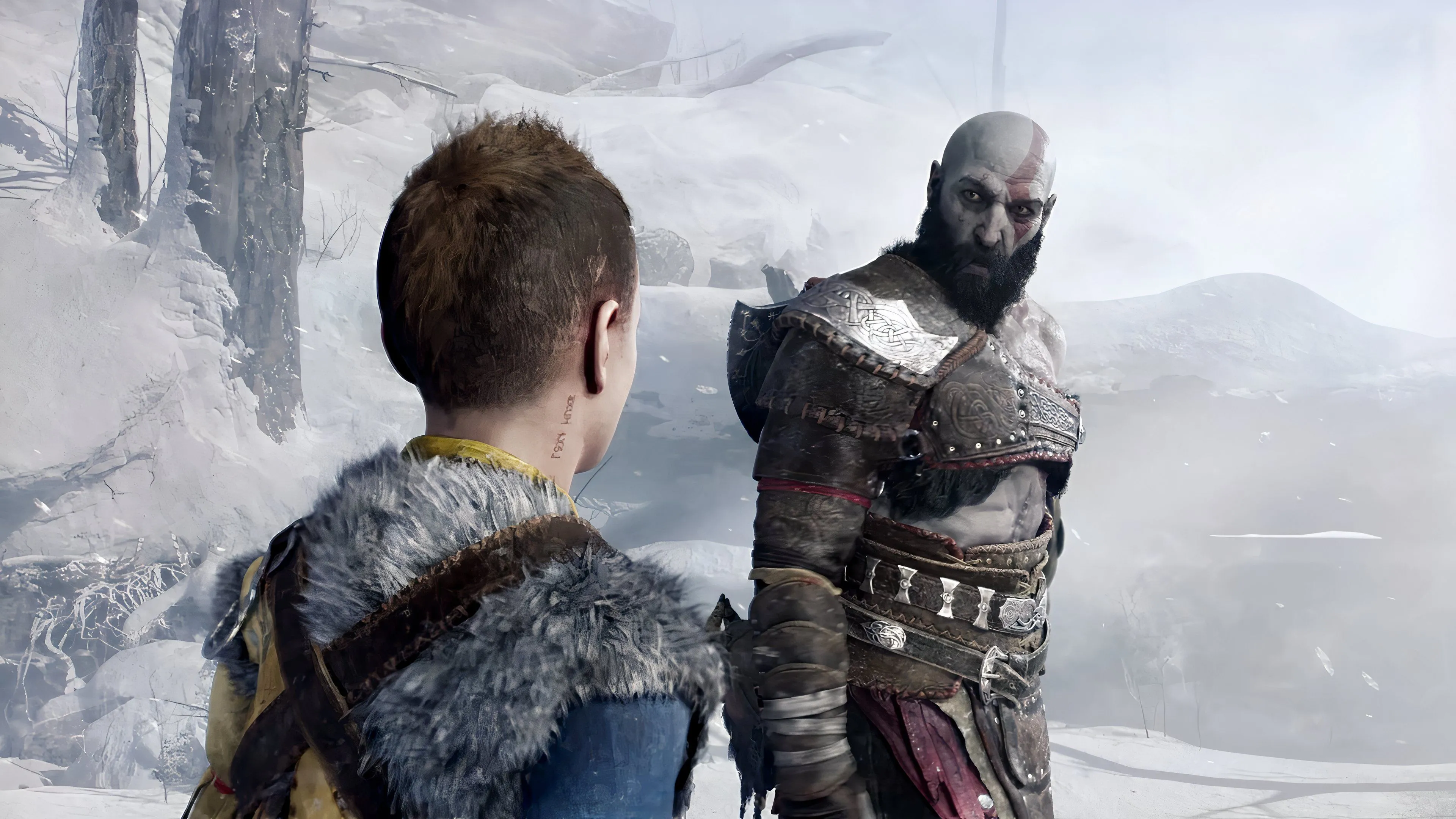 Kratos nhìn lại Atreus trong khung cảnh tuyết phủ của God of War Ragnarök, gợi nhắc hành trình mới có thể mở rộng tới vùng đất khác