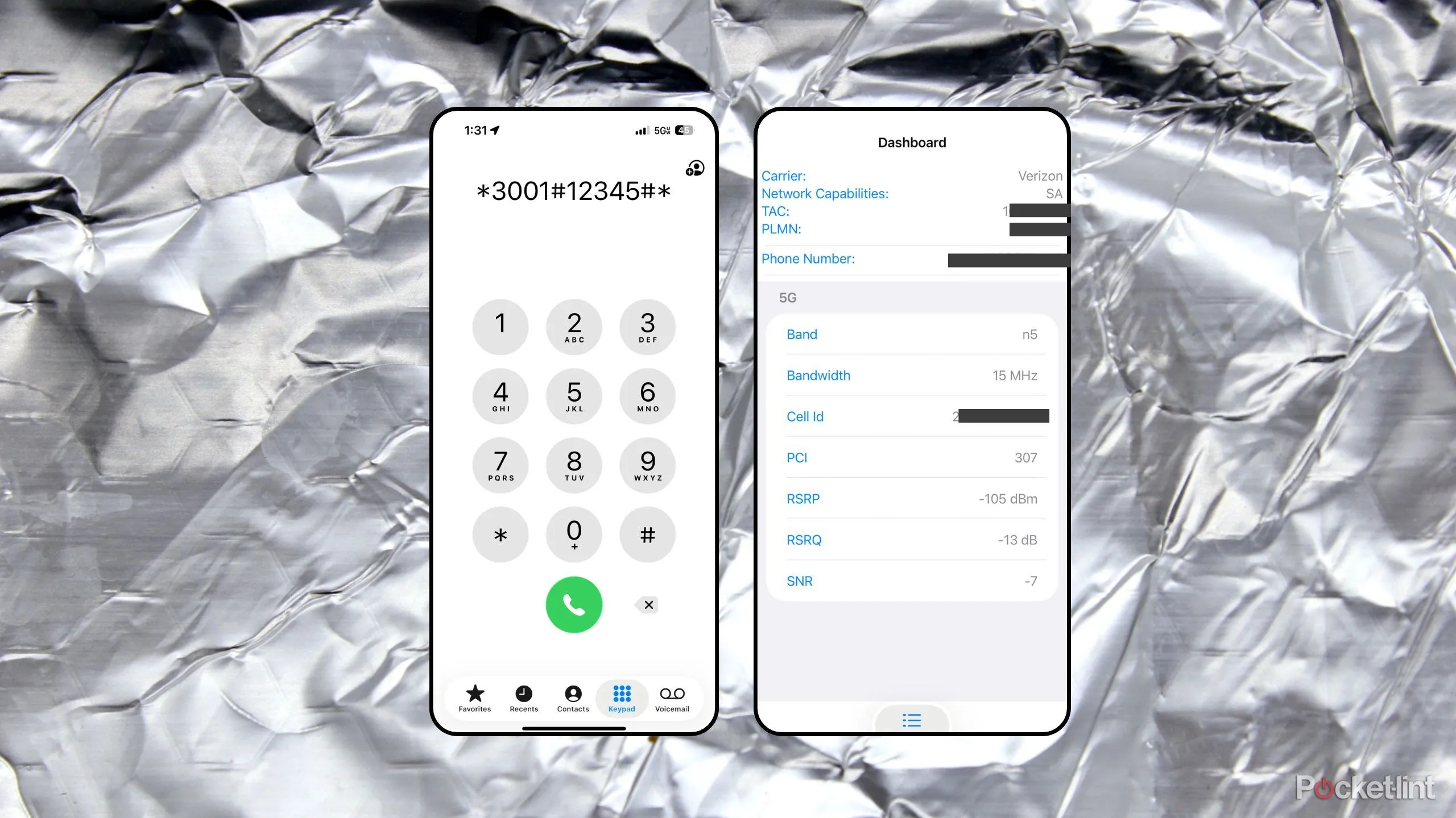 Màn hình Field Test Mode trên iOS, hiển thị thông số RSRP, RSRQ, SINR.