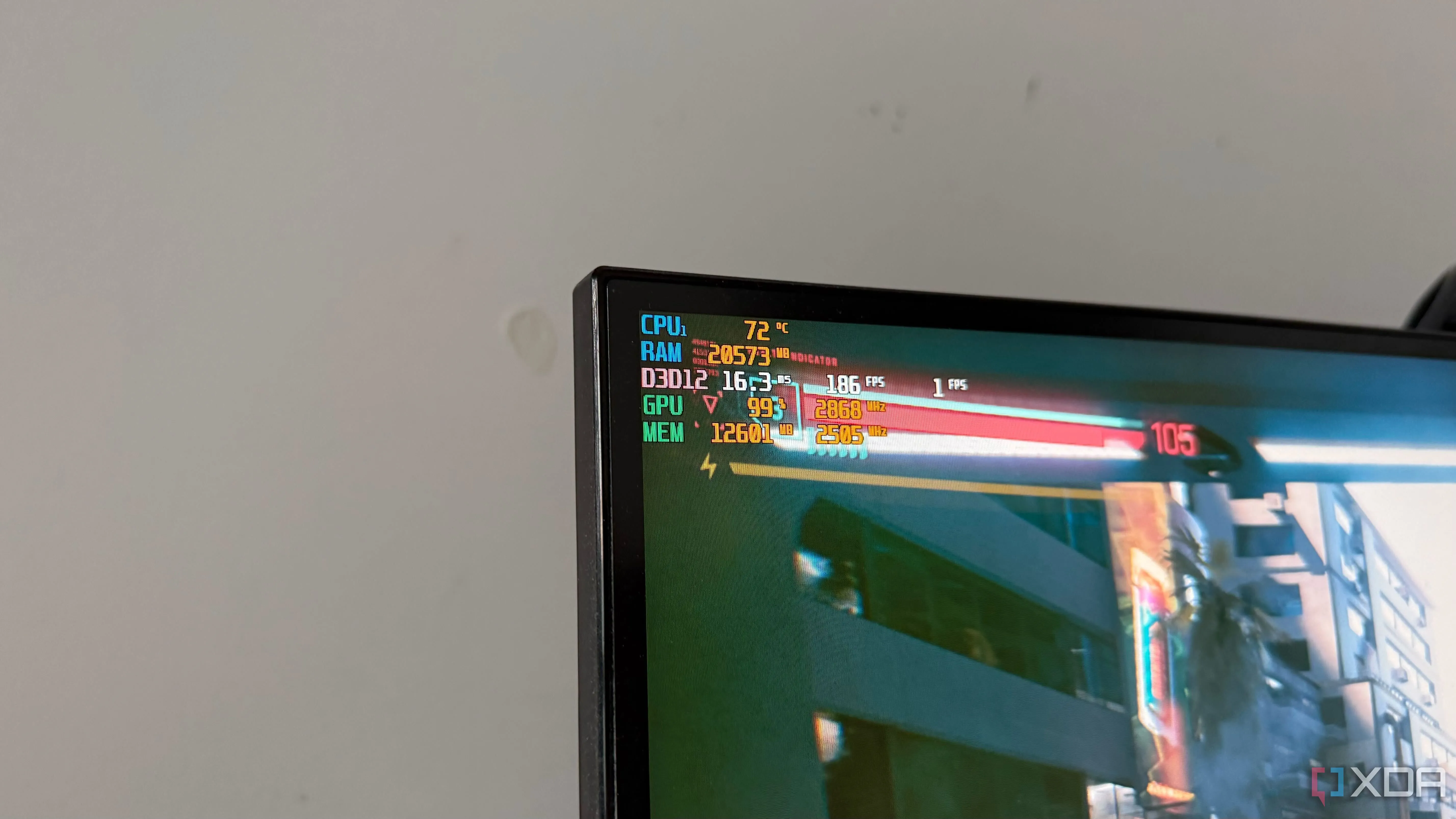 Màn hình hiển thị chỉ số hiệu năng khi chơi Cyberpunk 2077, minh họa ảnh hưởng của ripple tới hiệu năng khi ép xung