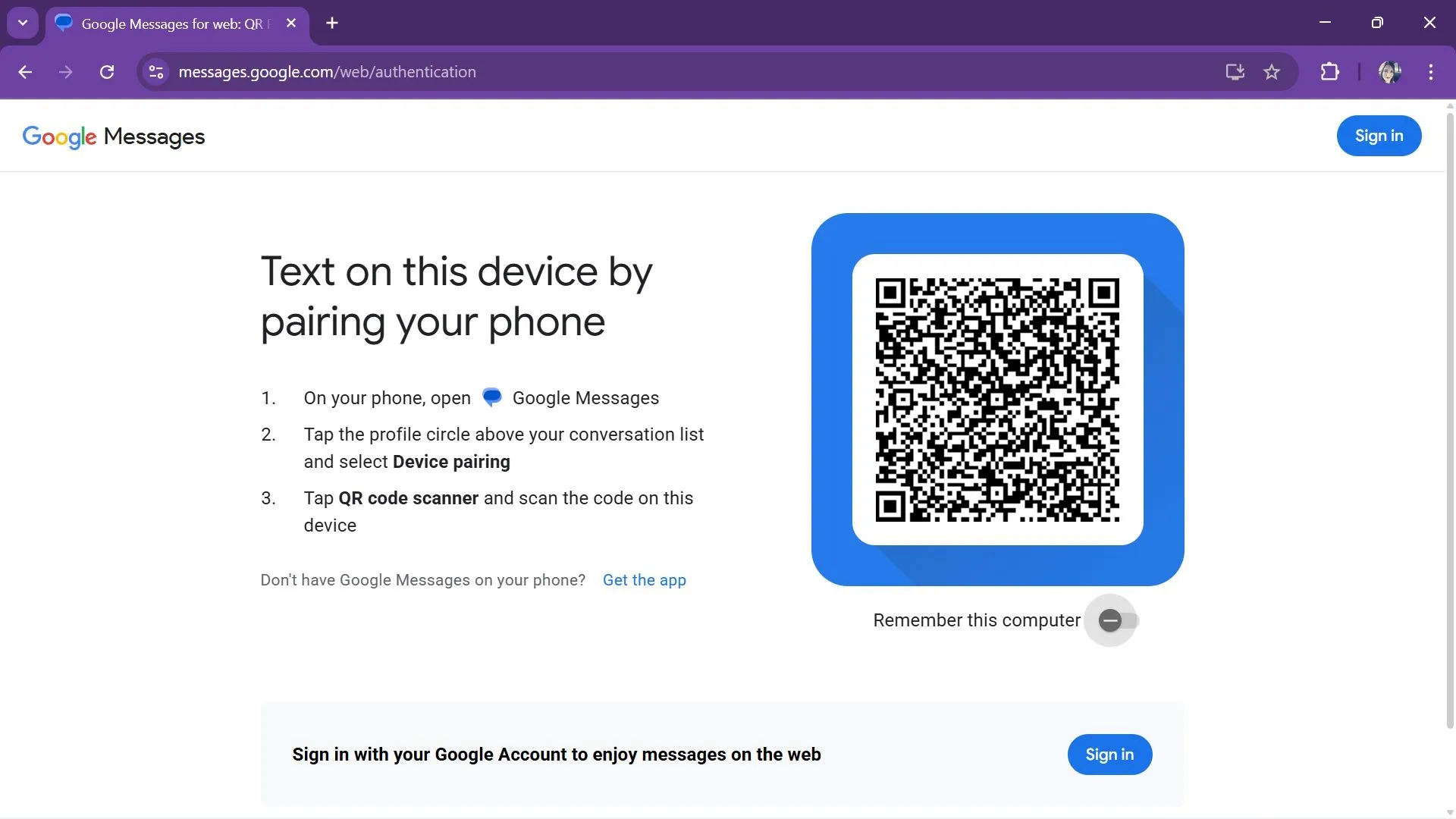 Màn hình xác thực Google Messages web với QR code và tuỳ chọn ghi nhớ máy tính