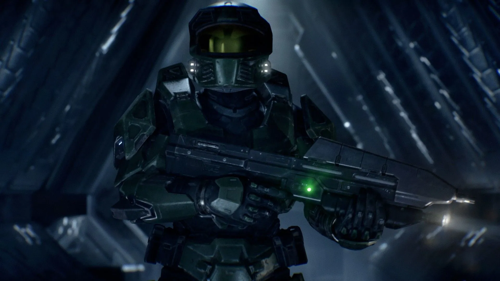 Master Chief trong bộ giáp năng lượng, hình ảnh quảng bá Halo: Campaign Evolved thể hiện chủ đề nhân vật chính
