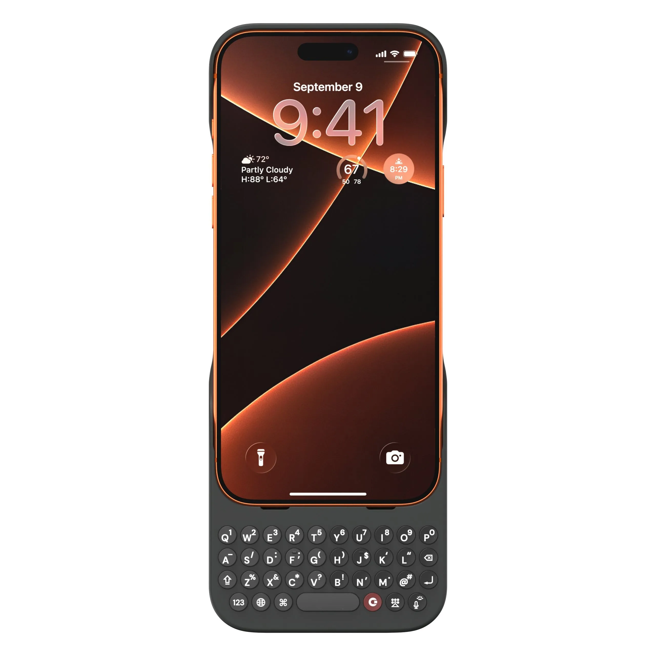 Mặt trước ốp Clicks cho iPhone 17 Pro màu Onyx, hiển thị bàn phím backlit.