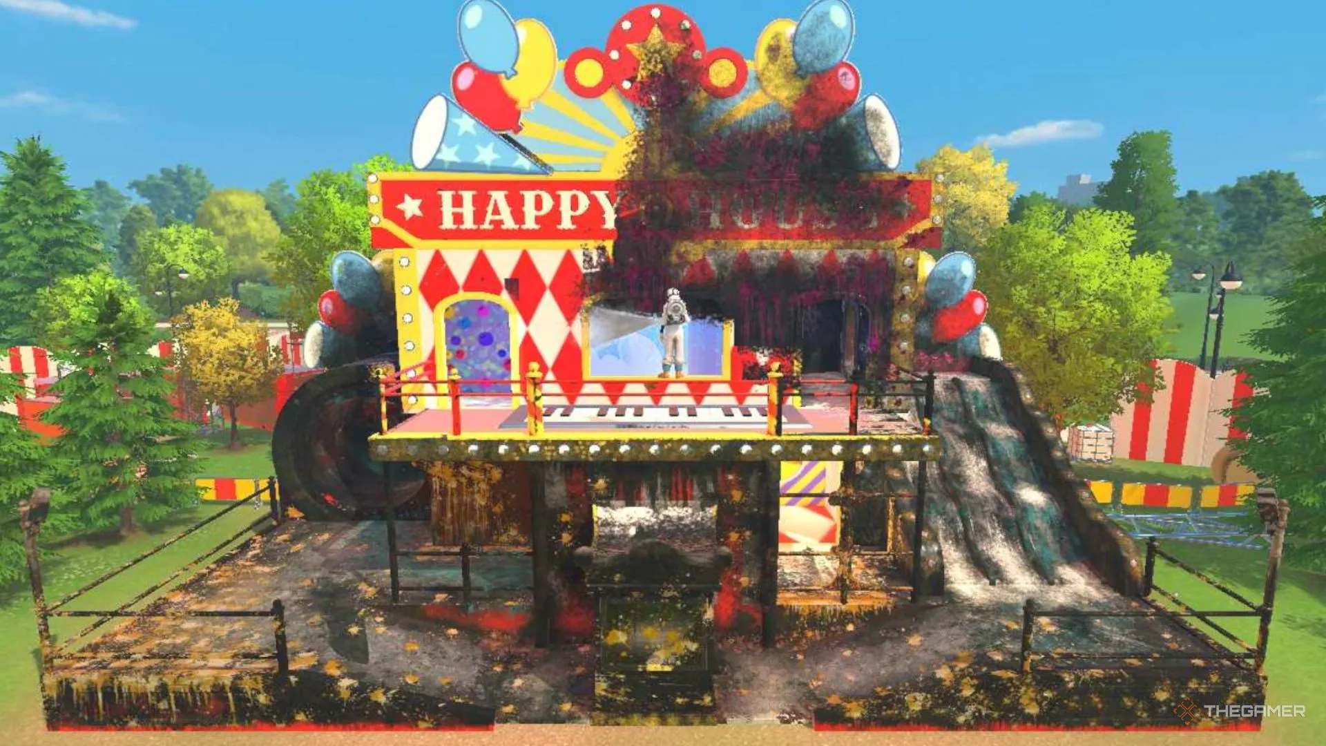 Máy phun đứng trên ban công của fun house trong PowerWash Simulator 2.