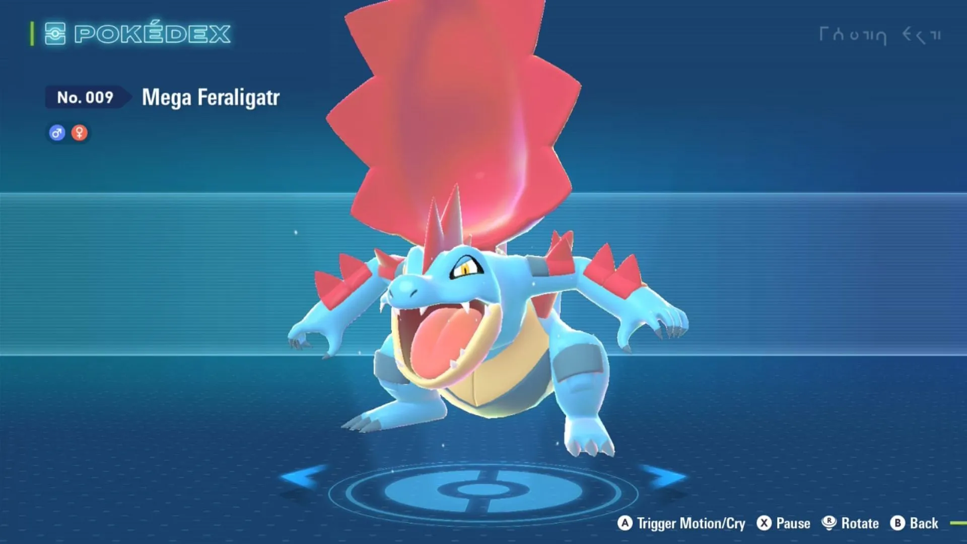 Mega Feraligatr hiện diện trong Pokémon Legends: Z-A, với hàm răng sắc nhọn và thân hình rắn chắc