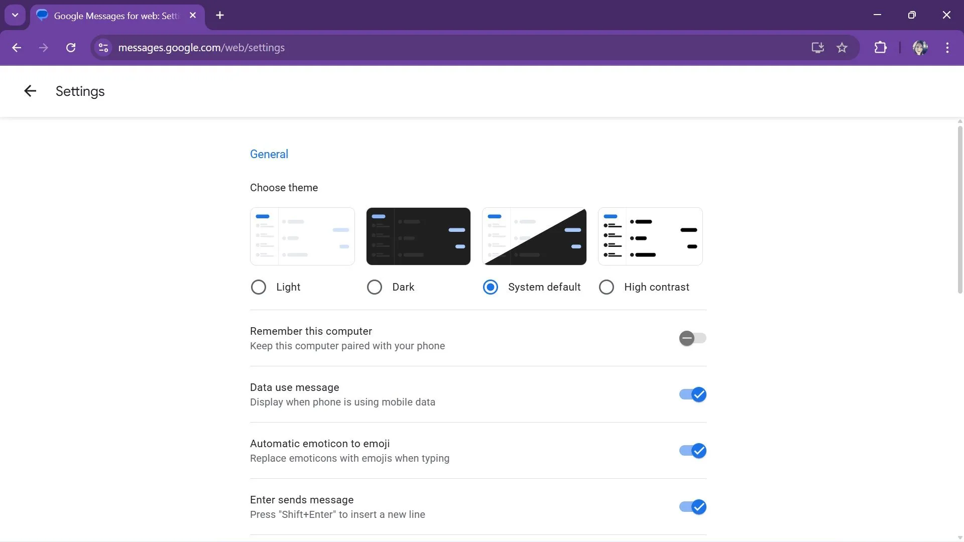 Menu Setting hiển thị các lựa chọn giao diện như Light, Dark, High contrast trong Google Messages web