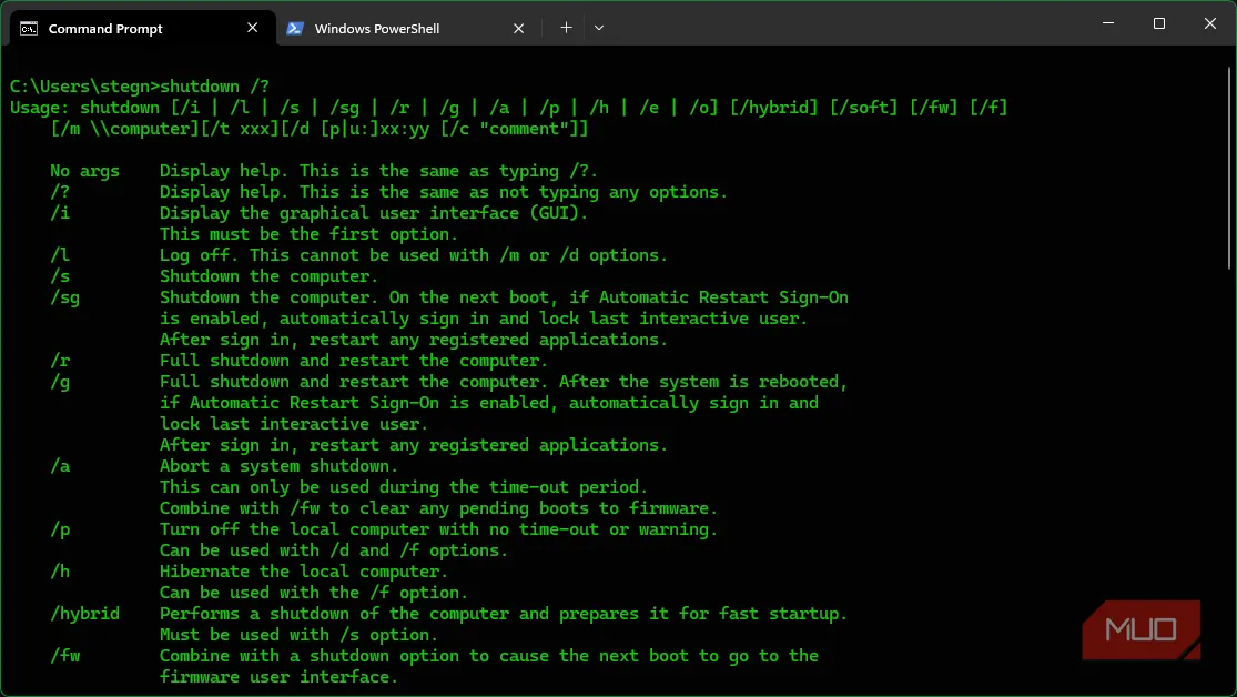Minh họa lệnh shutdown trong Command Prompt, thể hiện các tham số tắt/mở và hẹn giờ