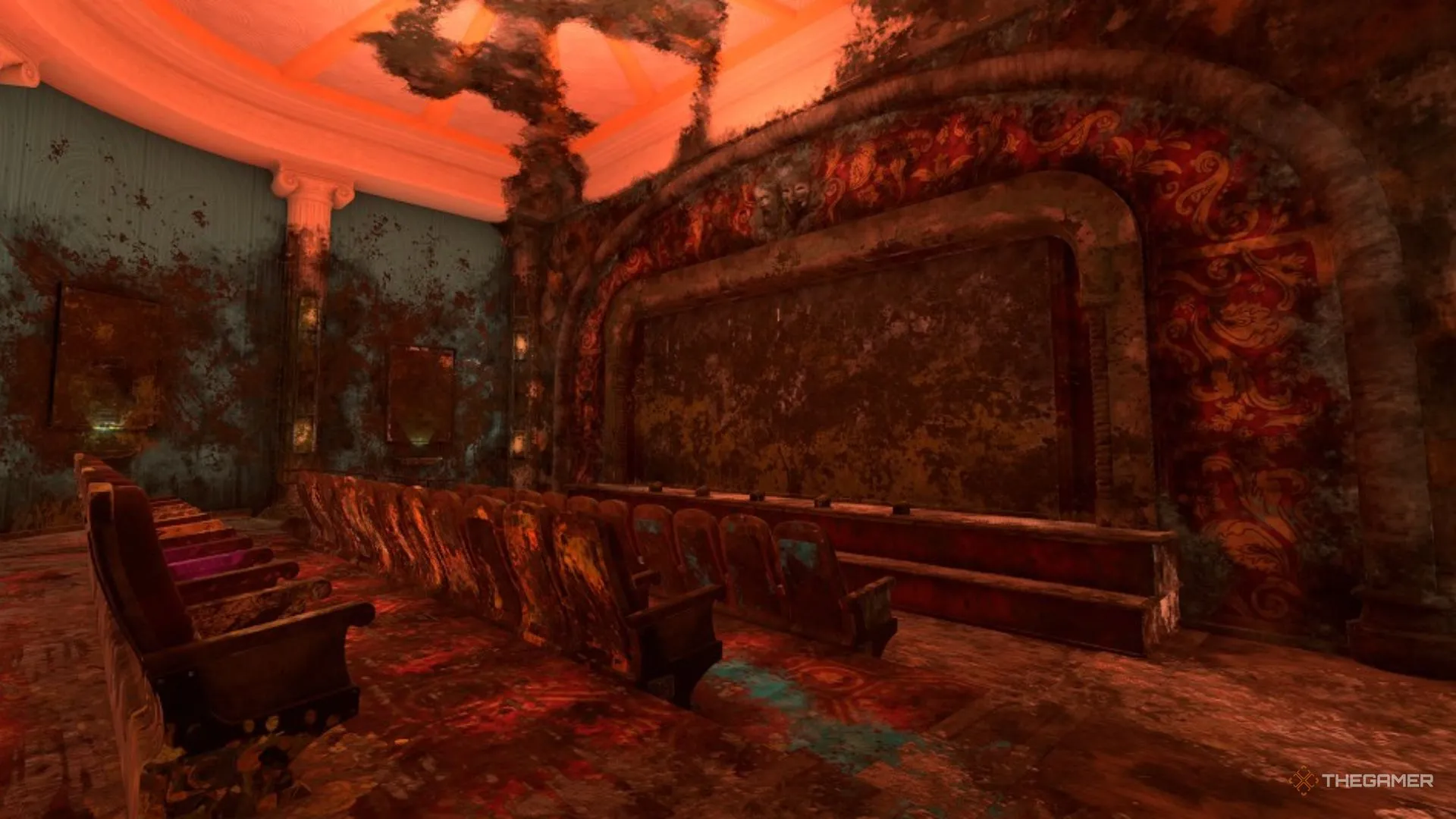 Mốc meo len lên trần của một rạp chiếu nghèo nàn trong PowerWash Simulator 2.