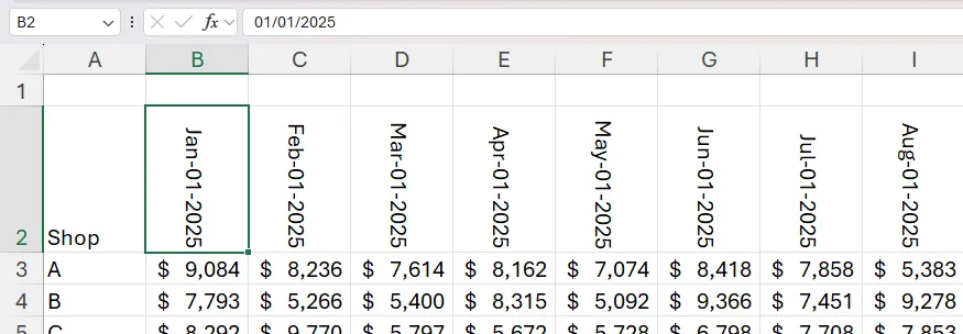 Một ô ngày được chọn, thanh công thức hiển thị giá trị thay vì công thức