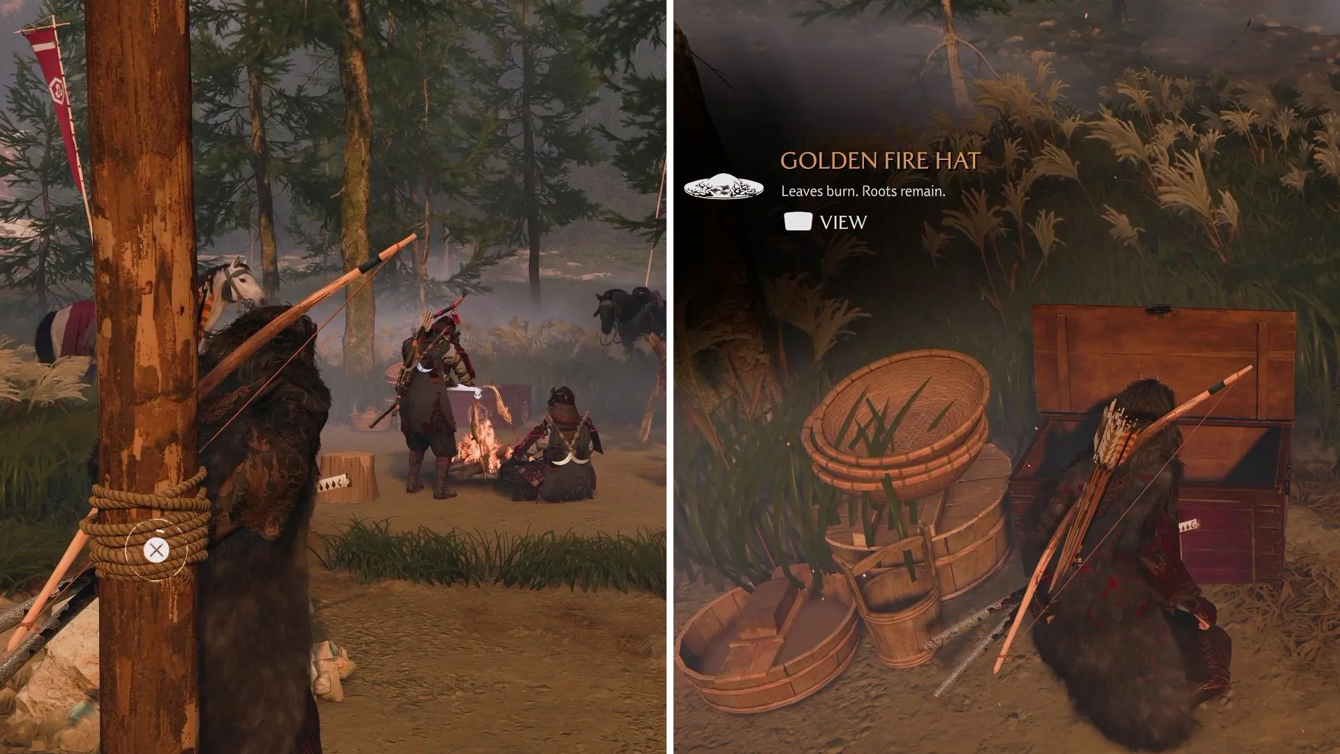 Mũ Vàng Golden Fire Hat trong rương tím tại trại cướp Ghost of Yotei