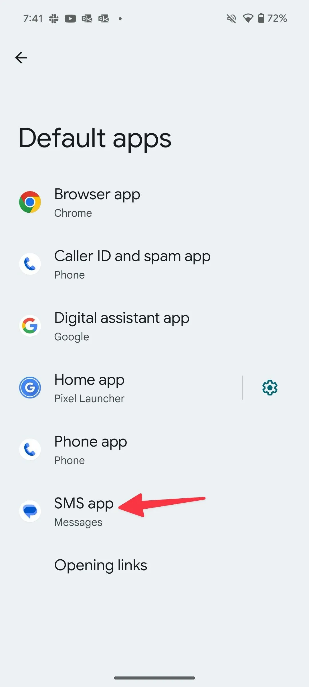 Mũi tên đỏ chỉ vào tùy chọn SMS app trên Android