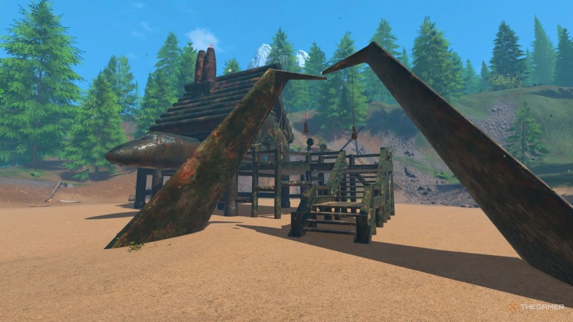 Ngôi nhà gỗ nâng cao giữa rừng với chi tiết máy bay tích hợp trong PowerWash Simulator 2.