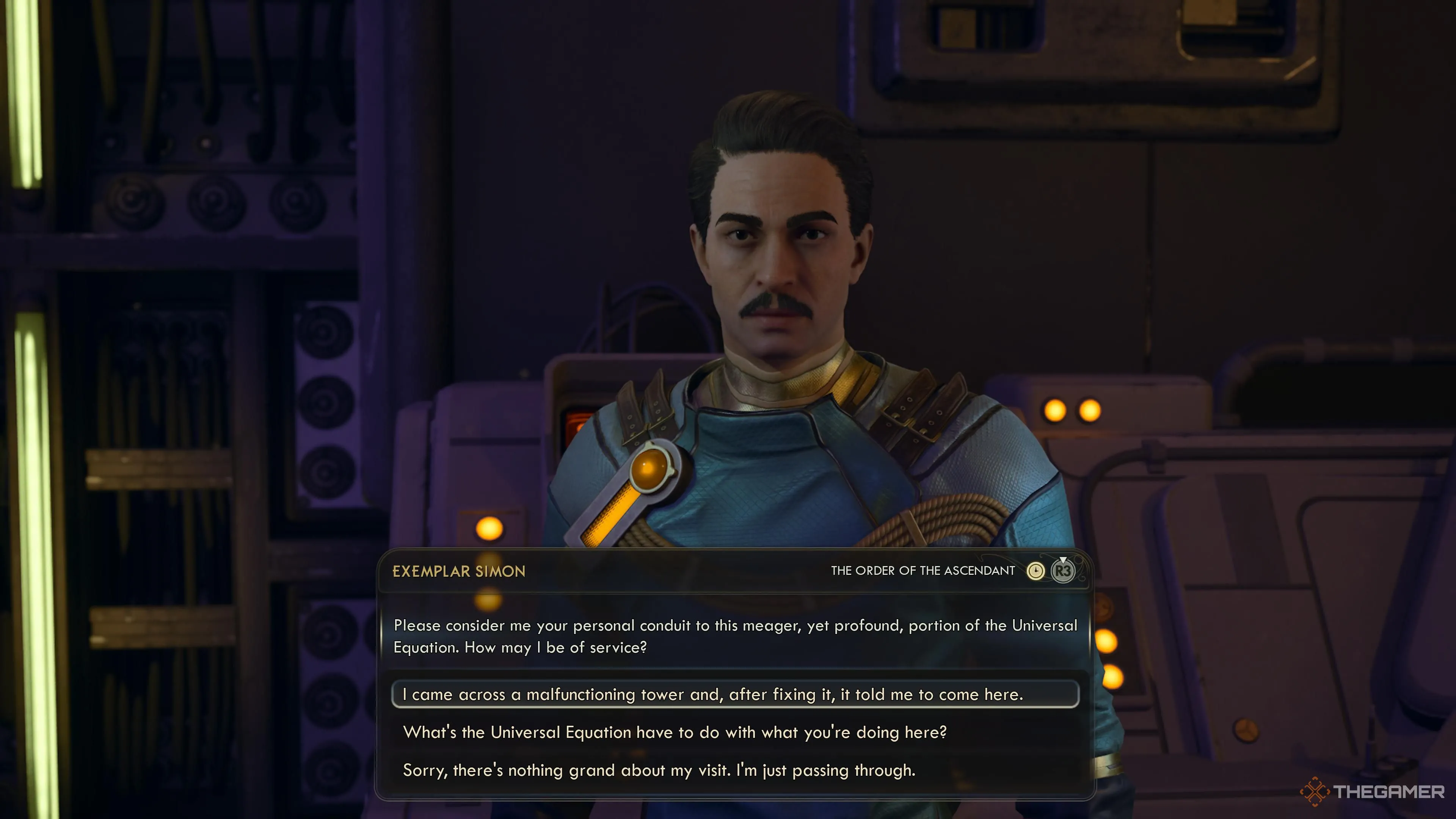 Người chơi trao đổi với Exemplar Simon về tháp sét hỏng trong The Outer Worlds 2.