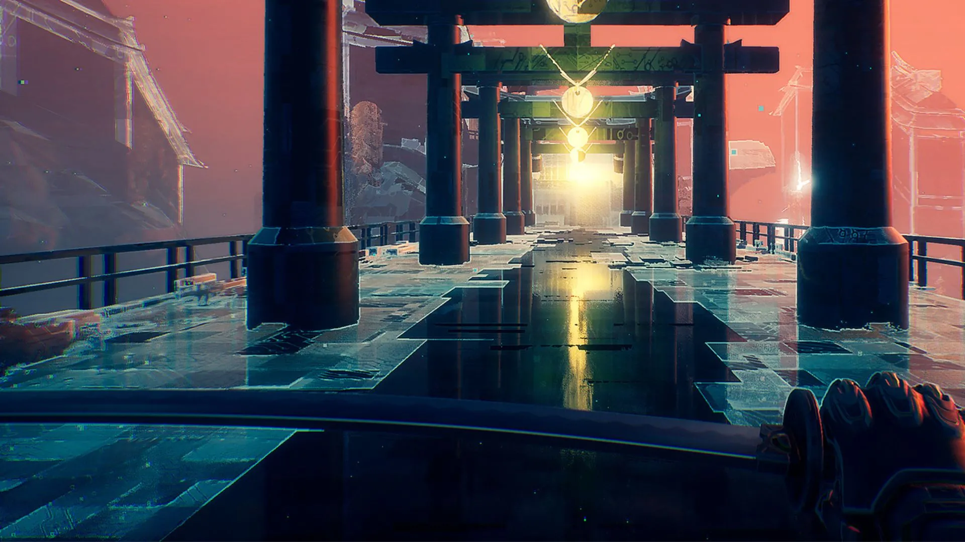 Nhân vật cầm kiếm nhìn xa xăm trong Ghostrunner, biểu tượng cho parkour và chiến đấu đòi hỏi timing cao.