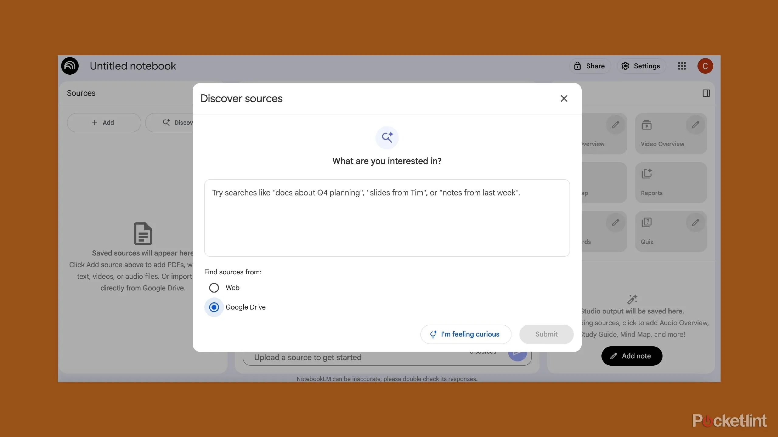 NotebookLM lựa chọn Google Drive làm nguồn, minh hoạ tính năng tìm kiếm tài liệu nội bộ