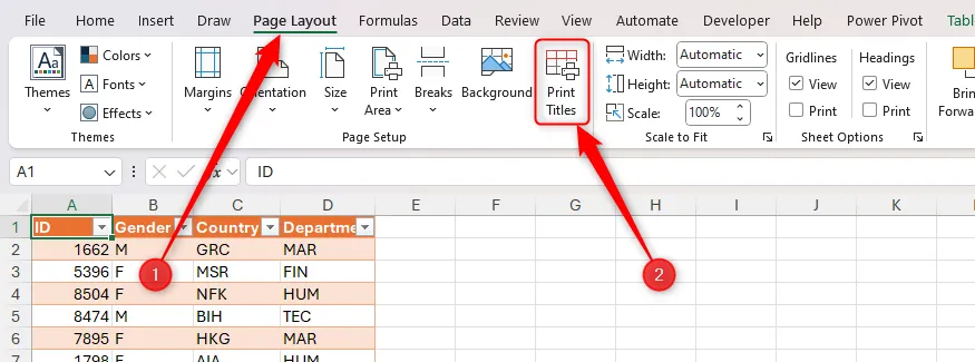 Nút Print Titles trong thẻ Page Layout của Excel