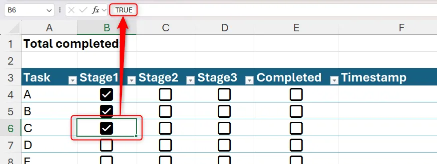 Ô chứa checkbox được chọn, hiển thị giá trị Boolean TRUE trên thanh công thức của Excel