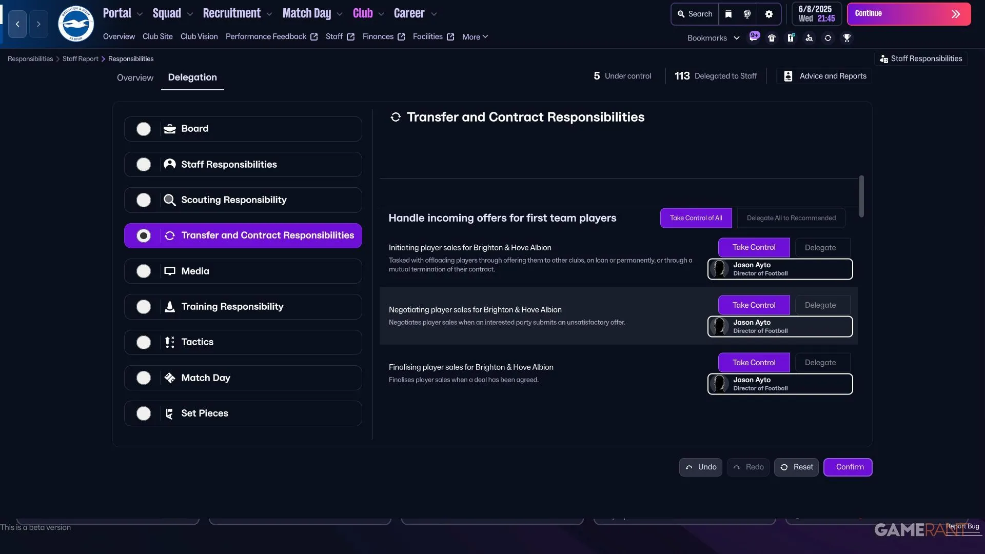 Phân quyền chuyển nhượng (Transfer delegations) trong Football Manager 26, các tùy chọn giao việc cho nhân viên