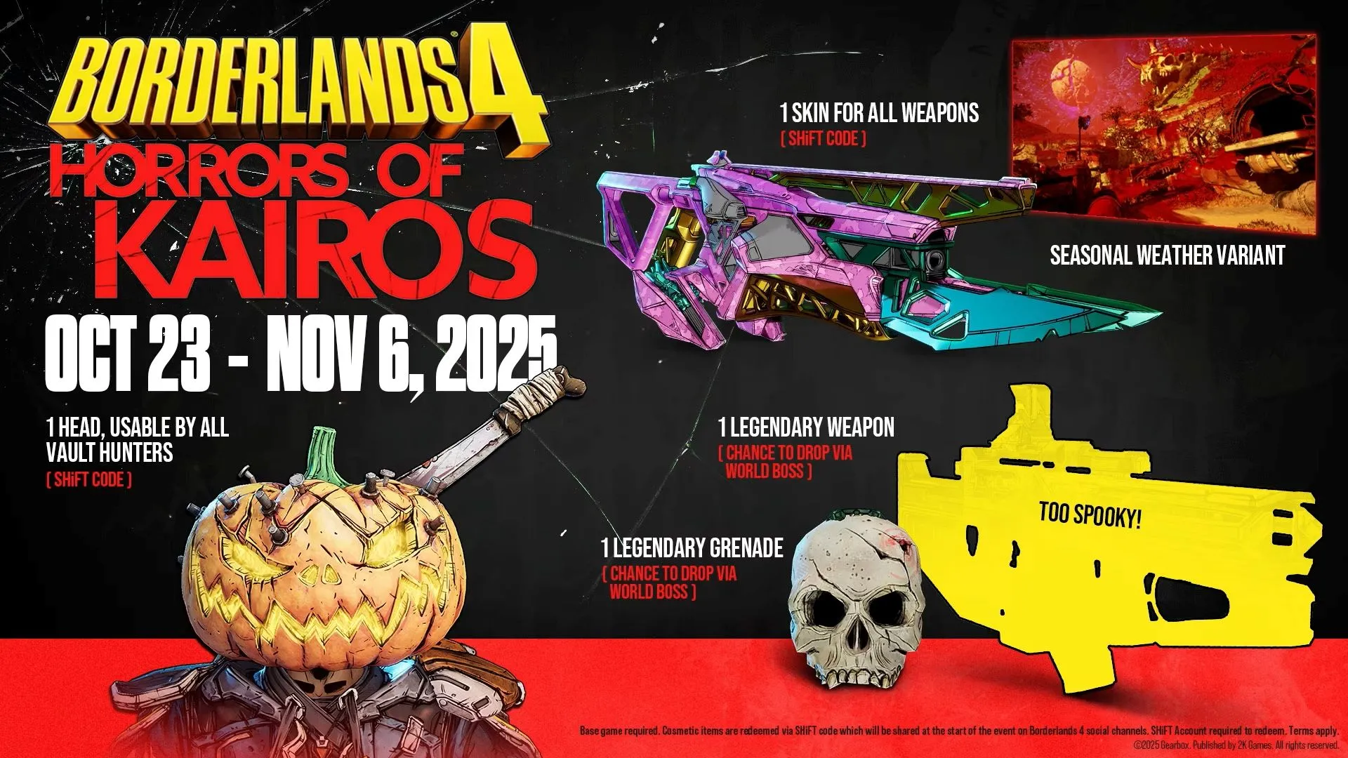 Phần thưởng Horrors of Kairos: Skully grenade và Murmor Tediore Assault Rifle có thiết kế máu me nhưng sức mạnh hạn chế