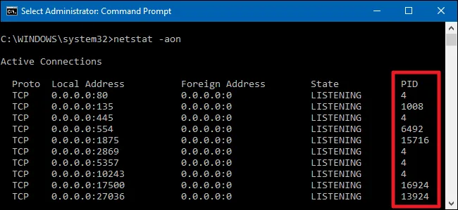 PID liên kết với port trong danh sách netstat, dùng để đối chiếu trong Task Manager