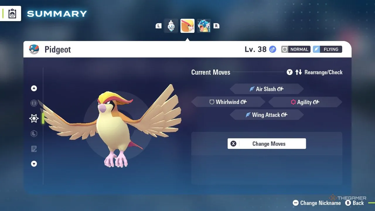 Pidgeot trong menu Pokémon Legends: Z-A, tư thế sẵn sàng phô diễn bộ kỹ năng bay