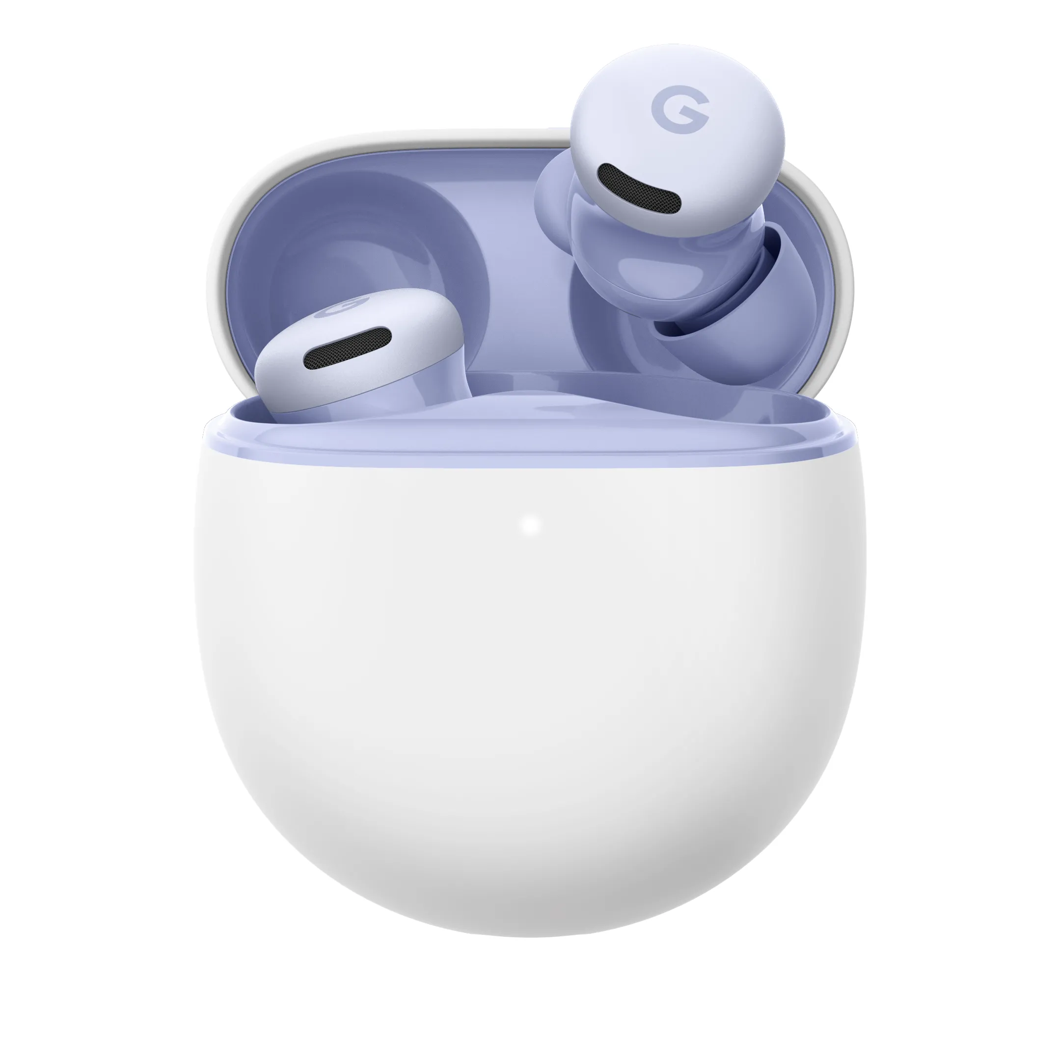 Pixel Buds 2a trên nền trắng, vỏ sạc mở lộ tai nghe bên trong