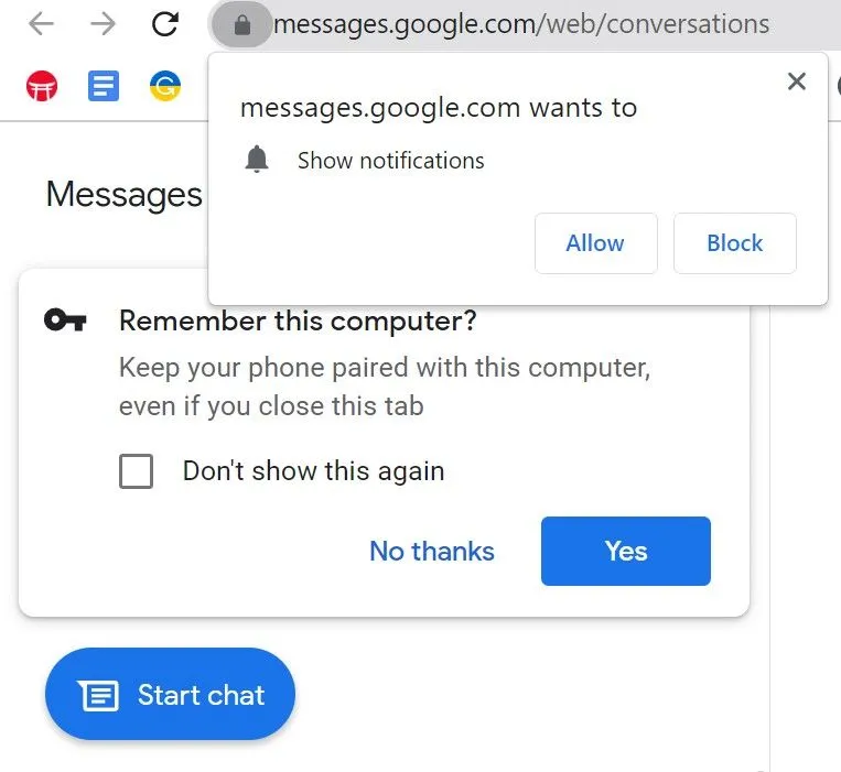 Pop-up hỏi có ghi nhớ máy tính và cho phép thông báo trên Google Messages web